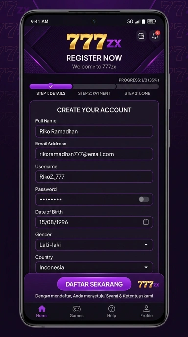 Tampilan halaman daftar 777zx